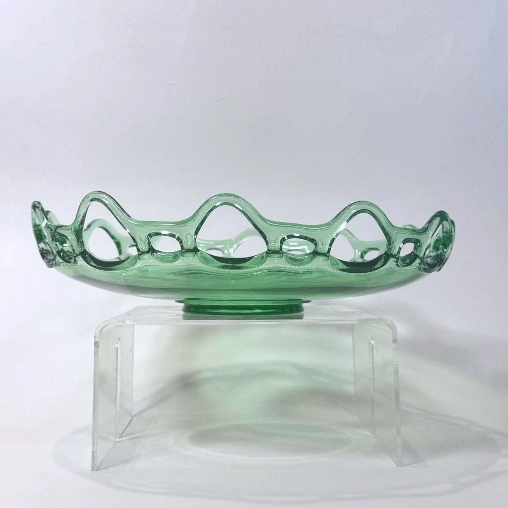 Vintage Green Uranium Glass Bowl Open Lace Edge Depression Glass Glows UV 11.5in